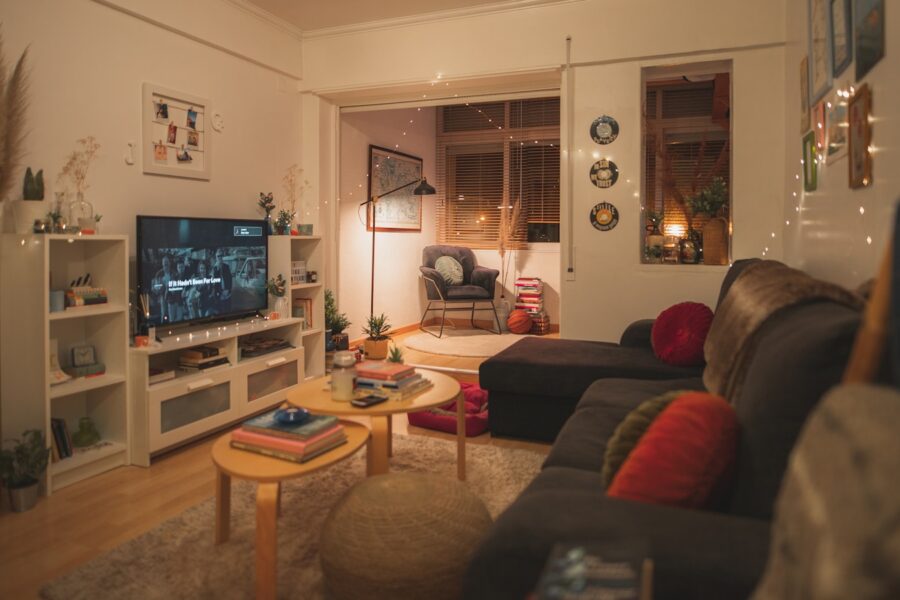 Cozy living room evening sofa remote