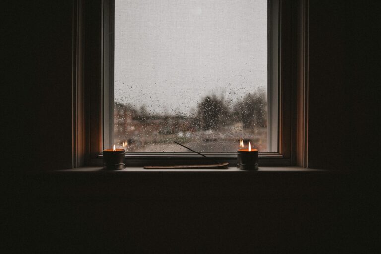 Autumn evening window rain cup tea home cinema