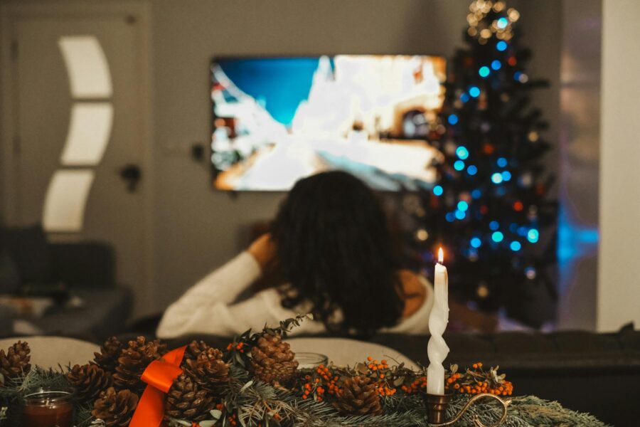Family watching living room evening