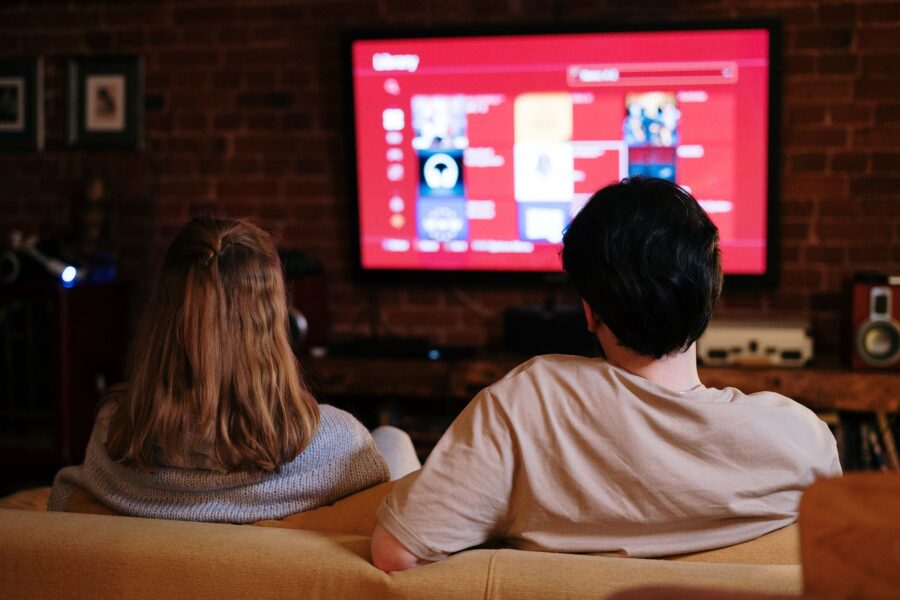 Living room streaming couch evening