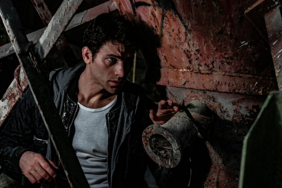 Thriller movie scene dark room tense character