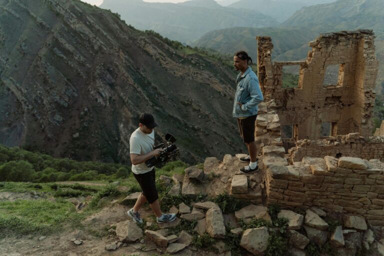 Movie scene wide shot landscape film director viewing