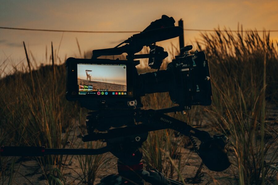 Cinema camera tripod wide shot movie set