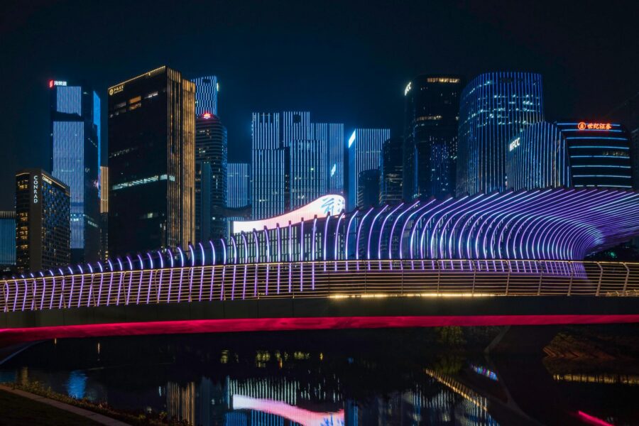 Futuristic city skyline night neon skyscrapers