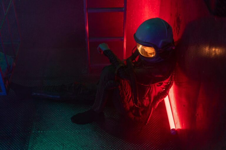 Spaceship interior corridor person watching sci movie home